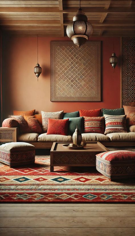 A minimalist Moroccan-style living room featuring low seating with colorful cushions, a Moroccan rug with intricate patterns, and a wooden coffee table with detailed carvings. The walls are adorned with geometric patterns, and hanging lanterns provide warm, ambient light. The color palette includes deep reds, oranges, and golds, creating a warm and inviting atmosphere. Moroccan Coffee Table, Colorful Cushions, Minimalist Space, Moroccan Living Room, Warm Decor, Colourful Cushions, Moroccan Design, Wooden Coffee Table, Minimalist Living