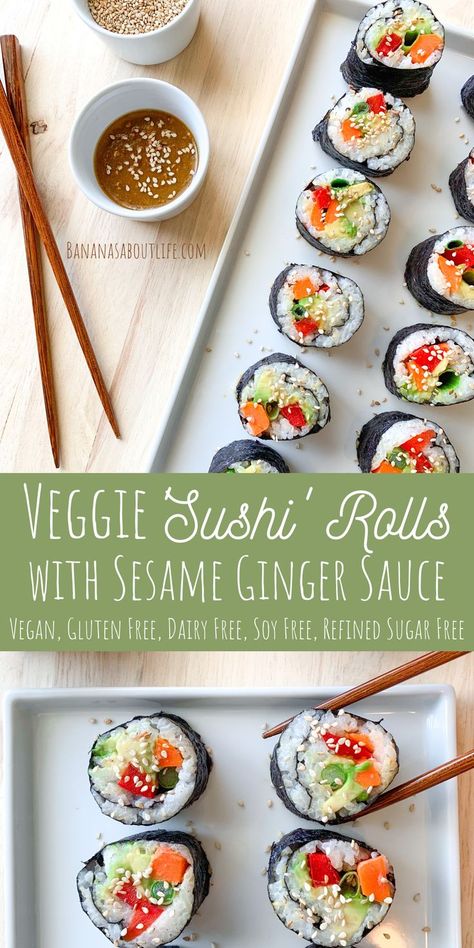 vegan sushi rolls Healthy Sushi Rolls, Sesame Ginger Sauce, Vegetarian Sushi Rolls, Ginger Dipping Sauce, Gluten Free Sushi, Veggie Sushi Rolls, Sushi Fillings, Vegan Sushi Rolls, Healthy Sushi