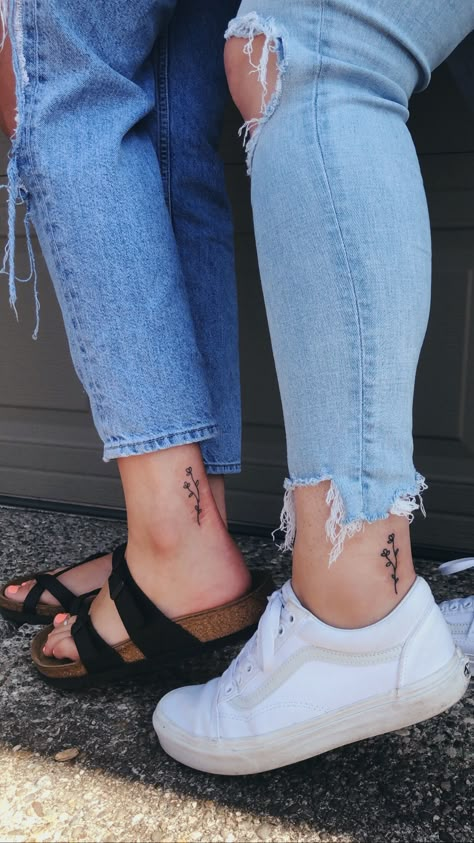 Ankle Tattoo Small Flower, Inner Heel Tattoos For Women, Best Friend Leg Tattoos, Bestie Ankle Tattoos, Simple Small Best Friend Tattoos, Ankle Friendship Tattoos, Faith Based Best Friend Tattoos, Fineline Best Friend Tattoos, Side Of Heel Tattoo