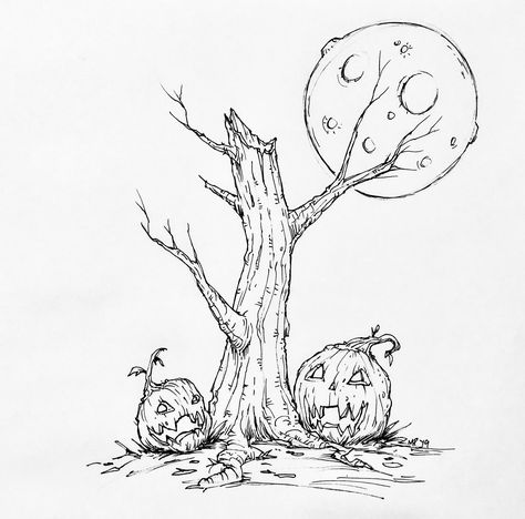 ‪#inktober #inktober2019 17/31 #Halloween #halloween2019 #illustration #sketch #sketchbook #ink #haunted #tree #cute #fun  #pumpkins #moon #comic #jackolantern #mikephillipsart 235/365‬ Halloween Themed Sketches, Pumpkin Ink Drawing, Pumpkin Moon Tattoo, Simple Halloween Sketches, Halloween Tree Drawing, Halloween Sketch Ideas, Vitrine Halloween, Fall Sketches Drawing, Holiday Sketches