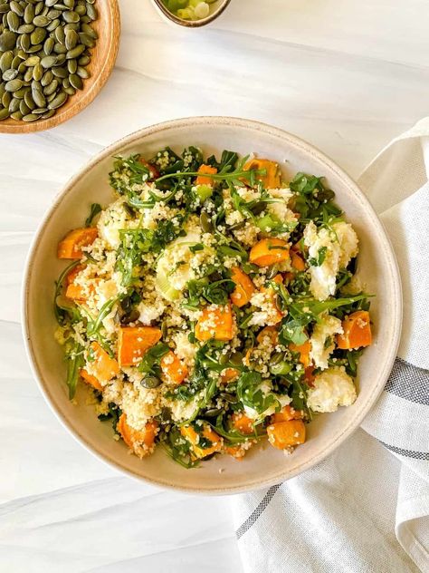 Sweet Potato Couscous Salad - Through The Fibro Fog Sweet Potato Couscous, Thanksgiving Salads, Easy Lunch Idea, Light Salads, Histamine Foods, Low Histamine Foods, Roasted Vegetable Pasta, Low Histamine Recipes, Easy Healthy Lunch Recipes