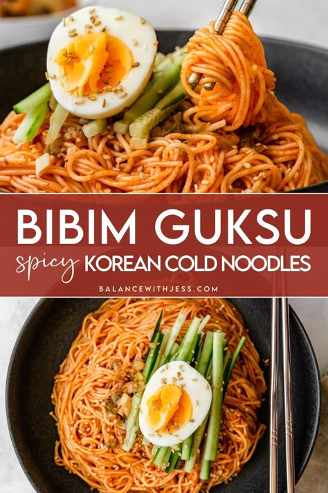 Spicy Korean cold noodles (Bibim Guksu) is a quick and easy easy Korean recipe. The best for quick meals, lunches or dinners, this asian recipe is ready to go in under 20 minutes! Top your Bibim Guksu with a boiled egg, sliced cucumber and kimchi. Kimchi Cold Noodles, Korean Spicy Cold Noodles, Bibim Guksu Recipe, Korean Cold Noodles Recipe, Healthy Korean Lunch, Korean Easy Recipes, Cold Noodles Korean, Korean Meal Prep, Cold Dinner Ideas