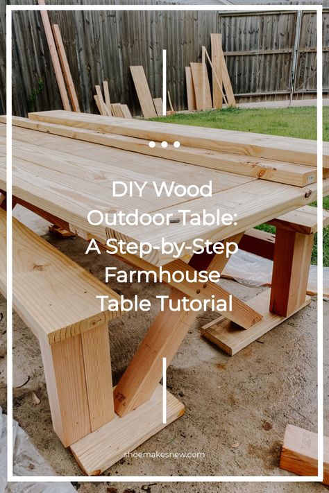 DIY wood outdoor table project in progress in a backyard. Farmhouse Outdoor Table, Wood Outdoor Table, Build A Farmhouse, Build A Farmhouse Table, Diy Outdoor Seating, Tool Box Diy, Diy Outdoor Table, Farmhouse Outdoor, Patio Projects