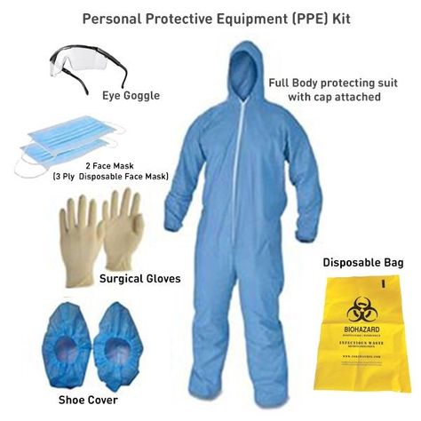 Personal Protective Equipment (PPE) Kit contains Full Bodysuit, Gloves, 3Ply Mask, Shoe Cover, Goggles, Surgical Cap, Handkerchief  Bio-hazard Bag. Ppe Kit, Medical Clothing, Hospital Uniform, Personal Protection Equipment, Bee Suit, Surgical Gloves, Full Bodysuit, Medical Fashion, Jet Boat