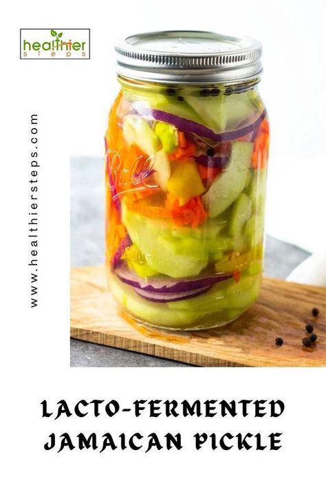 What Is Lacto-Fermentation? The lacto-fermention method was used to preserve my vegetables. The Lacto-fermented method uses only salt, water, and vegetables in the fermentation process, without the need for vinegar. | Lacto-Fermented Jamaican Pickle | Jamaican Pickled Vegetables | Lacto-Fermented Jamaican Pickle - Healthier Steps Lacto Fermentation, Lacto Fermented, Pickle Recipes, Fermented Pickles, Pickle Recipe, Pickled Vegetables, Pickling Recipes, Fermented Foods, Traditional Food