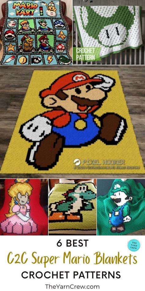 Pixel Crochet Blanket Pattern, Super Mario Crochet, Pixel Art Crochet Blankets, Mario Crochet Pattern Free, Nintendo Crochet, C2c Crochet Pattern, Kirby Blanket Crochet Pattern, Mario Quilt Pattern, Crochet Mario Blanket