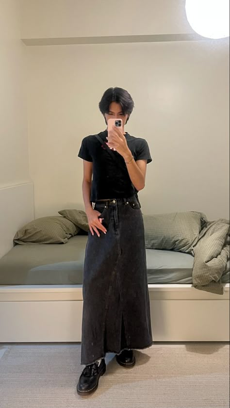 men, denim skirt, doc martens tassel loafers, nightout, outfits inspo, summer, black, grunge Outfits With Doc Loafers, Men In Maxi Skirts, Mens Docs Outfit, Long Skirt Outfits Men, Doc Martens Tassel Loafers, Masc Skirt Outfit, Tassel Loafers Men Outfit, Long Jean Skirt Outfits, Doc Martens Outfit Men