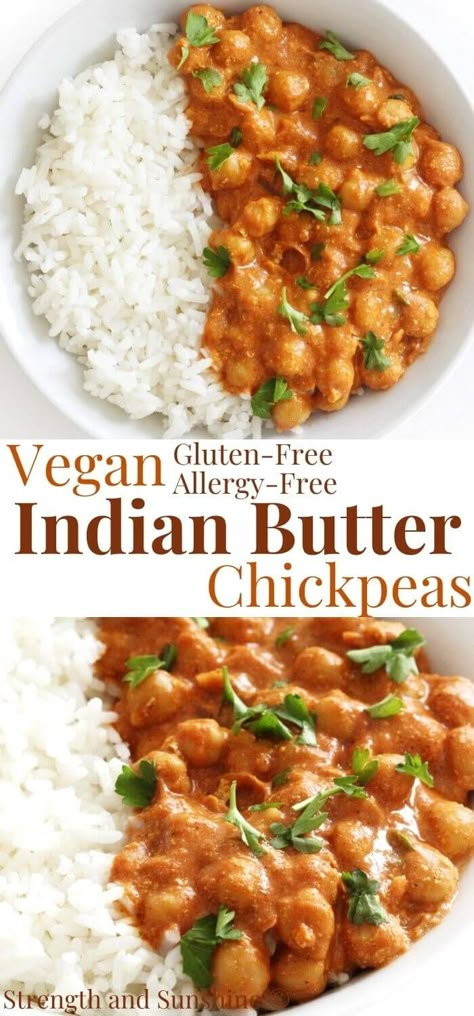 Vegan Butter Chicken (Indian Butter Chickpeas) | Strength and Sunshine | This easy recipe for Vegan Butter Chicken is a plant-based version of the classic Indian dish that's completely dairy-free and made with chickpeas! These healthy Indian butter chickpeas are gluten-free, allergy-free, marinated in creamy yogurt and fragrant spices; finished in a single skillet with a tomato-based sauce in just 10 minutes! #butterchicken #indian #chickpeas #vegandinner #dairyfree #butterchickpeas #indianfood Butter Chicken Indian, Butter Chickpeas, Chicken Substitute, Vegan Butter Chicken, Chicken Indian, Chickpeas Recipe, Vegan Indian Recipes, Healthy Plant Based Recipes, Plant Based Diet Recipes