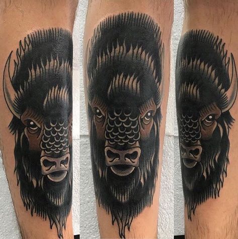 Traditional Buffalo on my shin - By John Henson Tattoos UK Neo Traditional Buffalo Tattoo, Buffalo American Traditional Tattoo, Traditional Buffalo Tattoo, Japanese Tattoo Koi, Western Sleeve, Buffalo Tattoo, Tattoo Koi, Trad Tattoos, Hunting Tattoos