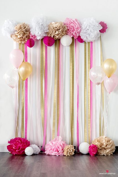 Pink and Gold Engagement Party Ideas - American Greetings Pink And Gold Birthday Party, Paper Pom Pom, Fest Temaer, Gold Tissue Paper, Tissue Paper Pom Poms, Gold Birthday Party, Diy Birthday Decorations, Gold Party, Gold Birthday