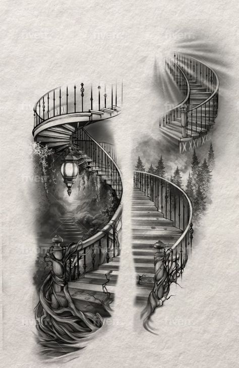 Frames Tattoo Design, Clock And Stairs Tattoo Design, Stairway Tattoo Design, Speed Tattoo Ideas, Staircase Tattoo Design, Tattoo Stairs To Heaven, Men Tattoo Drawings, Staircase To Heaven Tattoo Design, Stairway To Heaven Tattoo With Clock