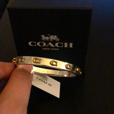 Gorgeous Silver Signature Coach Bangle. Silver Hinged Bangle Bracelet With Gold Signature C Motifs Across The Front Coach Bracelets, Coach Bangle, Dope Jewelry Accessories, Gold And Silver Jewelry, Stackable Bangles, Bangle Silver, Coach Jewelry, Luxe Jewelry, Dope Jewelry