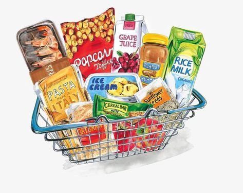 Cartoon Shopping, Organic Ice Cream, Organic Cereal, Basic Food, Grocery Basket, Basket Drawing, Cream Pasta, Cereal Bar, Shopping Food