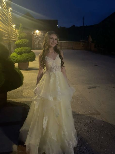 Yellow Poofy Prom Dress, Flowy Princess Dress Aesthetic, Yellow Debs Dress, Yellow Princess Prom Dress, Belle Prom Dress Inspired, Soft Yellow Prom Dress, Uk Prom Dress, Prom Dresses Light Yellow, Baby Yellow Prom Dress