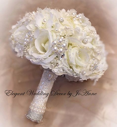 "Lush 10\" CUSTOM Mixed Flower gorgeous Silk rose and Hydrangea Jeweled Bouquet, Very Lush 32\" Bridal Wedding Bouquet - $385 (Full Price) - DEPOSIT - $200.00 - BALANCE - Due @ Completion - $185.00 This is a Custom, handmade very large and lush 32\" in Circumference Simple Elegant Jeweled Silk Flower Bouquet made with Hydrangeas, silk roses and touches of other elegant flowers with added touches of gold or silver gems through out.... Beautiful Keepsake bouquet to pass down or keep as a wedding m Ivory Rose Bouquet, Hydrangea Bridal Bouquet, Brides Flowers Bouquet, Silk Rose Bouquet, Jeweled Bouquet, Bridal Brooch Bouquet, Wedding Brooch Bouquets, Silk Bouquet, Elegant Bouquet