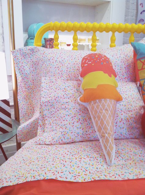 Sprinkle Room Decor, Sprinkle Bedroom, Ice Cream Themed Bedroom, Ice Cream Bedroom, Kids Room Desk, Joy Cho, Lego Bedroom, Cream Cushion, Girl Nursery Themes