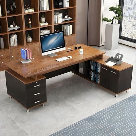 Amazon.com: RUNNUP L-Shaped Executive Desk Brown Workstation Writing Desk with Drawers and Cable Management, 63" L x 47" W x 31" H Right Hand Return : Home & Kitchen Brown Office Desk, Elegant Office Desk, L Shaped Office Desk, Modern Executive Desk, Desk Brown, L Shaped Executive Desk, L Shape Desk, Writing Desk With Drawers, Home Office Furniture Sets