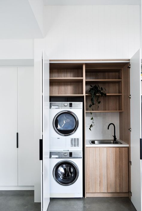 Carla and Simon's place | Renovation story of 1910 Victorian style worker's cottage Euro Laundry, European Laundry, Laundry Cupboard, Hidden Laundry, Modern Industrial Design, Dream Laundry Room, Small Cupboard, Laundry Room Layouts, Exclamation Mark