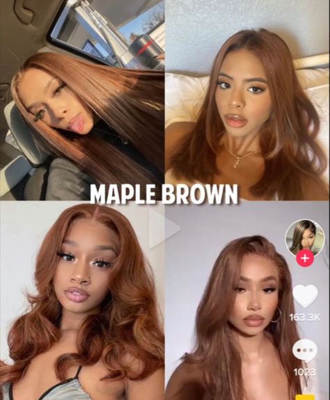 Hair Color For The Fall Black Women, Fun Hair Color For Black Hair, Dye Hair On Brown Skin, Hair Colour Honey Brown, Hair Dyed For Brown Skin, Fall Hair Colors Light Skin, Light Brown Ginger Hair Black Women, Cowgirl Copper With Money Piece, Monochromatic Hair And Skin