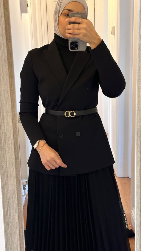 Classy Outfits For Hijab Women, Blazer With Skirt Outfits Hijab, Blazer With Dress Hijab, Classy Dress Hijab, Modest Formal Outfits For Women, Hijab Professional Outfits, Annual Dinner Outfit Hijab, Blazer Hijabi Outfits, Blazer And Skirt Outfits Hijab