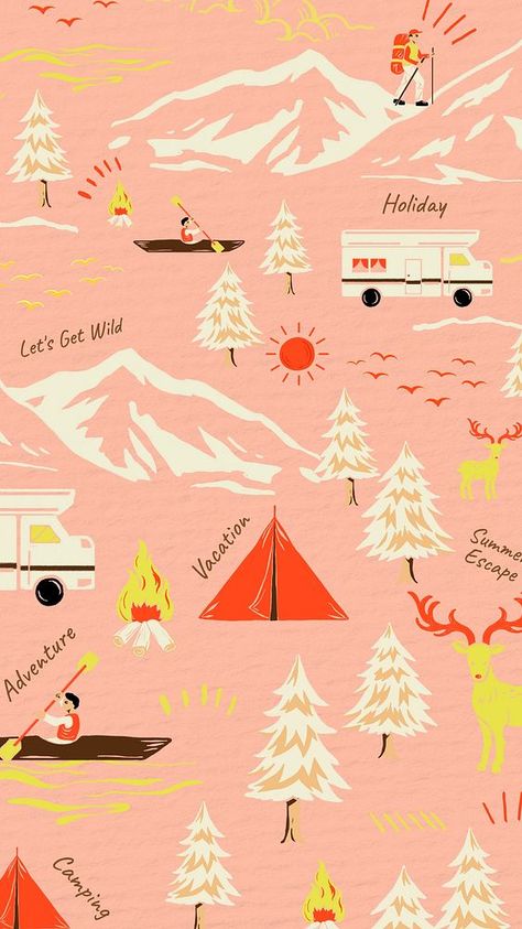 Camping Pattern Illustration, Camping Iphone Wallpaper, Camping Seamless Pattern, Cartoon Lockscreen, Iphone Wallpaper Cartoon, Iphone Wallpaper Retro, Outdoors Logo Design, Outdoor Illustration, Pink Camping