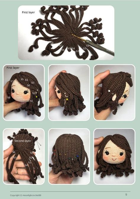 sarah doll crochet pattern Crochet Hair Pattern Free, Curly Hair Crochet Doll, Crochet Doll Hair Pattern, How To Crochet Doll Hair, Doll Hair Crochet, How To Crochet Hair For Dolls, Amigurumi Hair Pattern, Crochet Dolls Hair, Amigurumi Free Pattern Doll