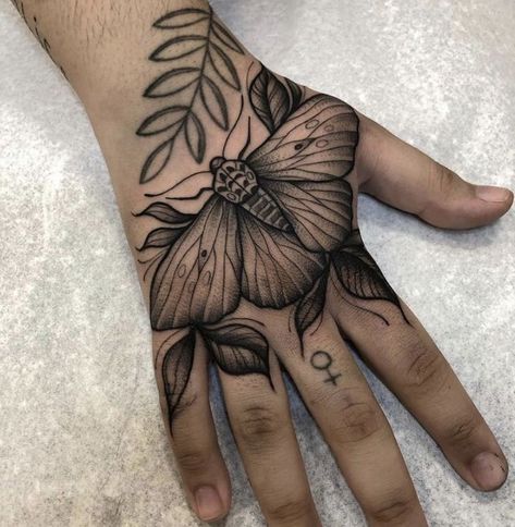 Above Thumb Tattoo, Insect Hand Tattoo, Neotrad Hand Tattoo, Bug Hand Tattoo, Big Moth Tattoo, Black And Grey Hand Tattoos, Moth Hand Tattoos For Women, Hand Tattoo Cover Up Ideas For Women, Large Hand Tattoo