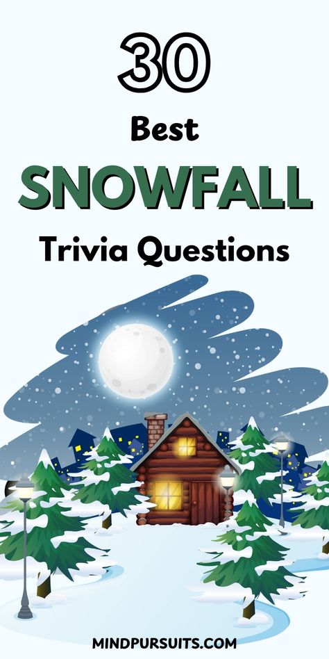 Pinterest pin showing "30 Best SNOWFALL Trivia Questions" with black and green text on white background. Below features a cozy winter illustration with a log cabin glowing with warm light, snow-covered pine trees, and a full moon in a starry night sky. The scene includes houses in the background and falling snow. Mindpursuits.com appears at bottom. Design creates a warm, winter wonderland atmosphere with a nostalgic holiday Winter Trivia Questions And Answers, Snow Facts, Winter Trivia, Christmas Trivia Questions And Answers, Kids Jokes And Riddles, Christmas Trivia Questions, Holiday Trivia, Fun Family Christmas Games, Holiday Facts