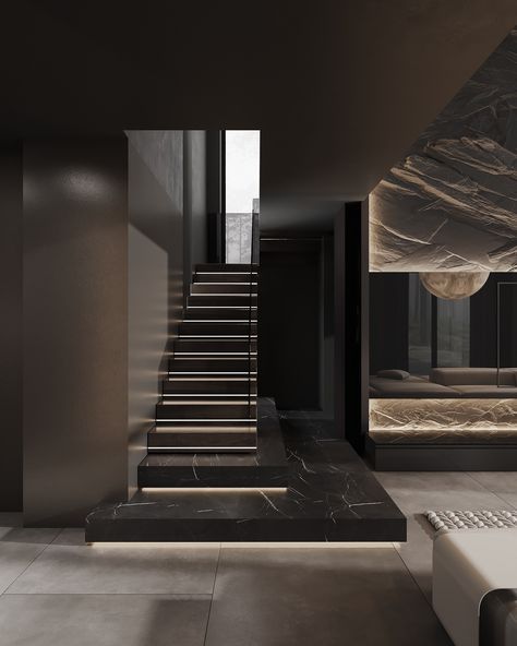 Modern Contemporary Staircase, Dark Modern Home, Luxurious Staircase, Staircase Design Modern, Contemporary Staircase, Stair Railing Design, Stairs Design Modern, Home Stairs Design, Modern Staircase