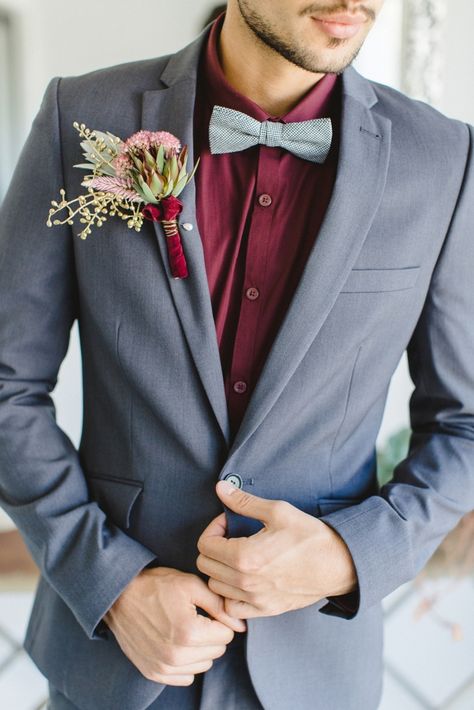 For Vince (bridesman) to match the bridesmaid dresses Burgundy Suit Wedding, Barker Wedding, Groomsmen Shirt, Dark Red Bridesmaid Dresses, Burgundy And Grey Wedding, Grey Suit Wedding, Popular Wedding Colors, Wedding Tux, White Bridal Gown