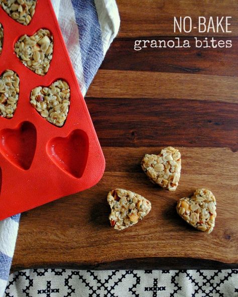 So — I’m a little late to the Valentine’s Day game. Two sick kids and an out-of-town hubbie will do that to ya. But, any good parent knows that heart shapes are a crowd-pleaser an… Silicone Molds Recipes, Granola Bites, Healthy Valentines, Baked Granola, Valentines Day Food, Food Carving, Snack Attack, Valentines Food, Healthy Meals For Kids