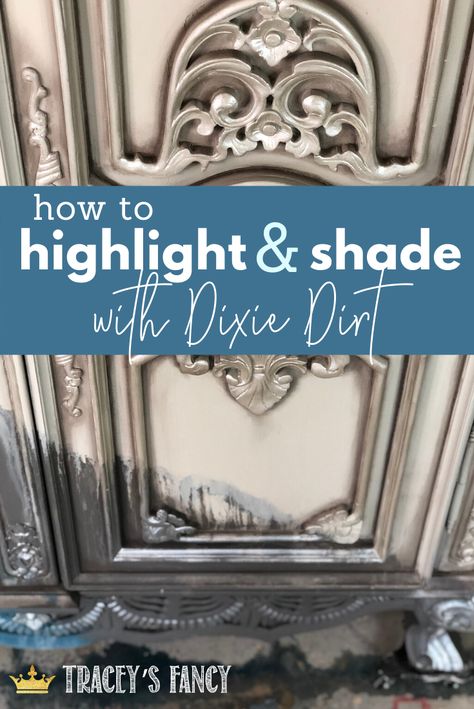 Dixie Dirt is a fun, easy technique to add depth & age to flat furniture. I'll show you how to create this shading technique & paint metallic highlights in a 10-min Youtube Furniture painting tutorial Tracey Bellion #traceysfancy #furniturepainting Furniture Painting Techniques How to Use Dixie Dirt Ash Earth Charcoal How to Paint an Aged Furniture Finish Furniture Highlighting & Shading DIY Painted Furniture Chalk Paint Furniture Highlighting DIY Furniture Ideas Highlighting Detail on Furniture Chalk Paint Techniques Tutorials, Furniture Painting Techniques Tutorials, Aged Furniture, Chalk Paint Bedroom Furniture, Boho Glam Bedroom, Diy Painted Furniture, Child Furniture, Furniture Chalk Paint, Chalk Paint Techniques