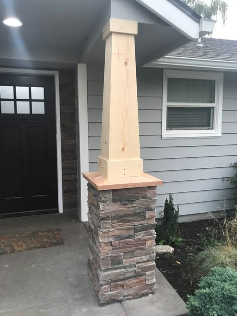 Front Porch Stone Columns, Front Porch Update, Stone Front Porch, Porch Update, Craftsman Columns, Front Porch Stone, Front Porch Remodel, Front Porch Posts, Porch Pillars