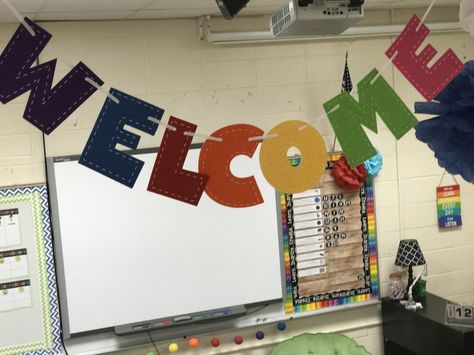 Welcome classroom sign hanging from ceiling @mrssecondyearteacher 3d Hanging Art For Classroom, Ceiling Hanging Decor Diy Classroom, Preschool Ceiling Decorations, Classroom Hanging Decorations Ceilings Decorating Ideas, Classroom Ceiling Decorations Diy, Classroom Ceiling Decorations Preschool, Classroom Ceiling Decor, Hanging Ideas For School Decoration, Classroom Hanging Decorations Ceilings