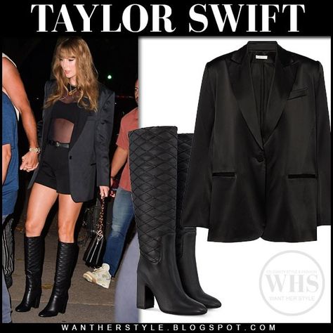 Taylor Swift in black quilted louis vuitton donna boots, shorts and blazer the sei Taylor Swift Blazer Dress, Taylor Swift Blazer, Taylor Swift In Black, Boots Shorts, Taylor Swift Black, Black Blazer Outfit, Knee Boots Black, Black Knee Boots, Beige Pumps