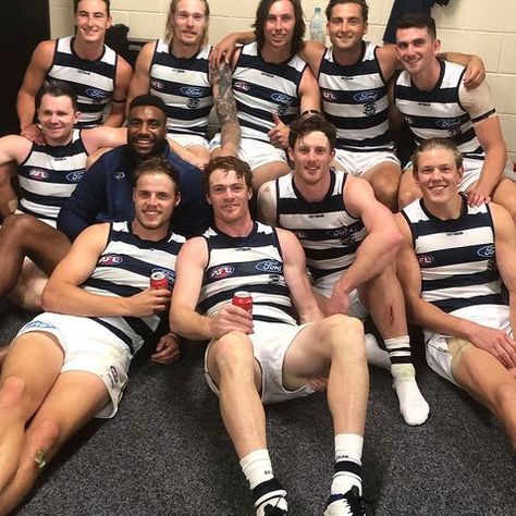 @geelongcats • Instagram photos and videos Geelong Football Club, Geelong Cats, Cat Character, Men In Uniform, Football Club, Rugby, Blue And White, Football, Instagram Photos