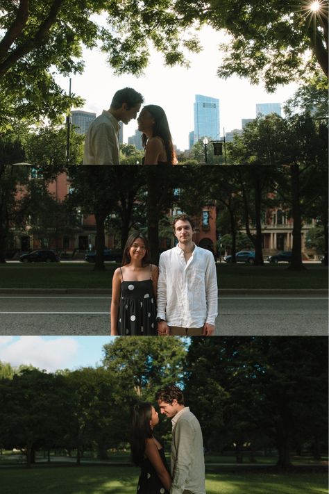 This cinematic engagement session in Boston  last summer was a dream. We started off in Boston Common for some sunrise photos with the sun pouring through the trees, and then headed into Back Bay to capture the Boston skyline and charming brownstones. I love when couples want to incorporate meaningful locations around the city into their engagement photos. Click here to check out more ideas for your Boston engagement session. City Park Engagement Photos, Manifest Wedding, Engagement Couple Shoot, Boston Couple, Filipiniana Wedding Theme, City Engagement Shoot, Boston Engagement Photos, Date Inspo, Filipiniana Wedding