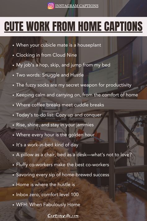 Pinterest Pin - Cute Work From Home Captions Clearing Drafts Captions, Home Decor Captions For Instagram, Work Insta Captions, Home Captions Instagram Story, Caption For Office Picture, Work Ig Story, Work Day Caption, Work Captions For Instagram Story, Work From Home Captions