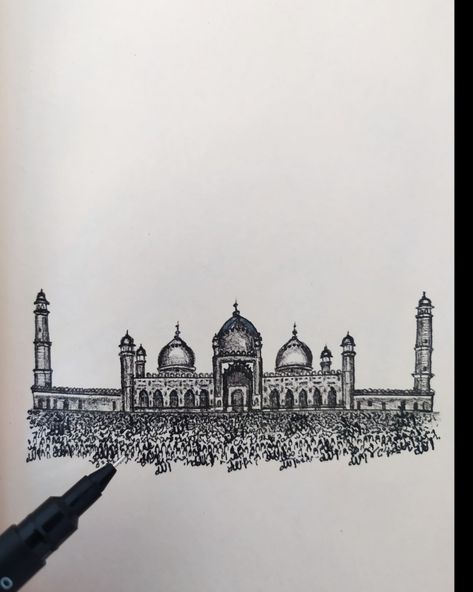 High detailed drawing illustration with one of the most unusual mosques in the world. Badshahi Mosque بادشاہی مسجد or Imperial Mosque in Lahore; my plein-air in amazing Pakistan, Asia, Dublenco. Badshahi Mosque Drawing, Mosque Drawing, Badshahi Mosque, Plein Air, Pakistan, The World, Drawings, Art