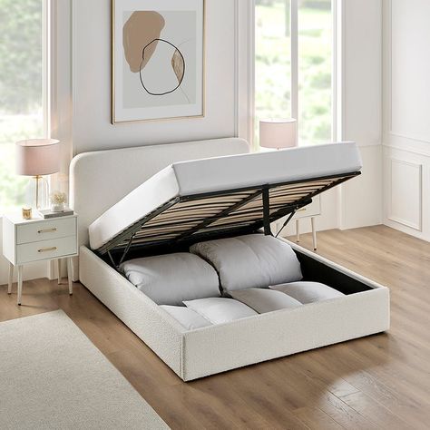 Under Bed Storage Ideas, Bed Storage Ideas, Beautiful Bed Designs, Birthday 12, Bed Design Ideas, White Bed Frame, Corner Sofa Chaise, Ottoman Storage Bed, Curved Headboard