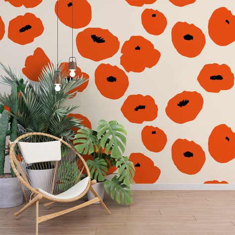 Red Poppy Wallpaper, Wallpaper Powder Room, Blue Marble Wallpaper, Matt Wallpaper, Floral Wall Mural, Wall Art Uk, Poppy Wallpaper, Poppy Wall Art, 70s House