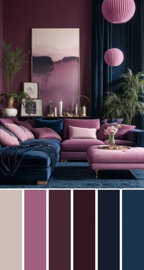 Plum Interiors, Plum Living Room, Mint Green Room, Green Room Design, Deco Violet, Teal Couch, Dark Blue Living Room, Purple Living Room, Living Area Design