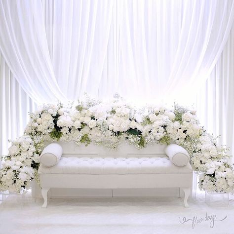 You can never go wrong with all white theme for solemnization ❄️ by flair design Nigerian Decor, Pelamin Nikah, Nikah Decor, Wedding Stage Backdrop, Wedding Background Decoration, Wedding Reception Backdrop, Simple Wedding Decorations, Wedding Stage Design, Luxury Wedding Decor