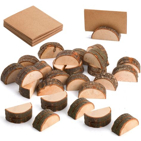 PRICES MAY VARY. Package includes 50 wooden place card holders and 50 kraft paper cards; Each card holder measures about 2" to 2.6" in length x 0.8" to 1.6" tall x 0.9" thickness. Each card is about 4" x 3.5". Made of 100% natural wood with bark. Natural product, size and color may vary. Rustic design and angled slot to easily display names, numbers or menu items. Perfect for name cards, table numbers, food and drink markers, photos or business cards. Great for wedding decoration, event & party Kraft Paper Cards, Wooden Place Card Holders, Wood Place Card Holders, Free Wedding Cards, Rustic Wedding Table Decor, Drink Marker, Table Number Holders, Table Card Holder, Memo Holder