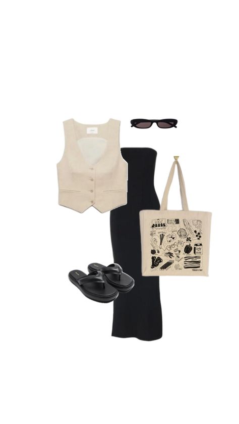 effortless style fashion inspo - black bandeau midi dress, styled with a cream coloured waistcoat, black platform flip flop sandals, black sunglasses and a cream tote bag with design Styling Black Dress, Midi Dress Styling, Outfit Inspo Simple, Outfit Ideas Simple, Outfit Inspo Classy, Elegant Outfit Ideas, Collage Fashion, Simple Outfit Ideas, Dress Styling