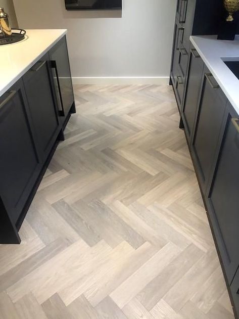 Grey Herringbone Floor, Kitchen Herringbone Floor, Herringbone Floor Kitchen, Herringbone Kitchen, Berkeley Homes, Chevron Kitchen, White Wood Floors, Grey Wood Floors, Grey Floor Tiles