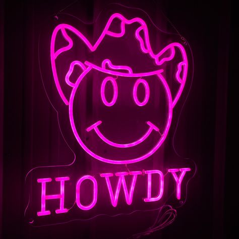 The Howdy Cowboy hat smiley face LED Neon Sign is a playful and eye-catching piece of decor that will add a touch of humor and style to any room. Cowboy Hat Smiley Face, Cowboy Hat Decor, Smiley Face Cowboy, Cowboy Decor, Hat Decor, Cowboy Decorations, Neon Wall, Led Neon Signs, Led Neon