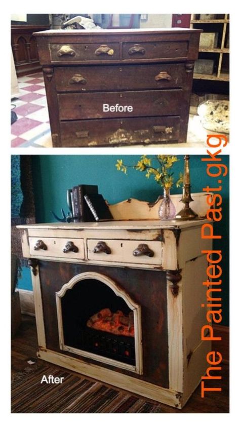 Dresser Fireplace Diy, Mantle Vignettes, Diy Mantles, Repurposed Dresser Ideas, Repurposed Fireplace, Mountain Library, Fake Fireplaces, Castle Fireplace, Faux Foyer