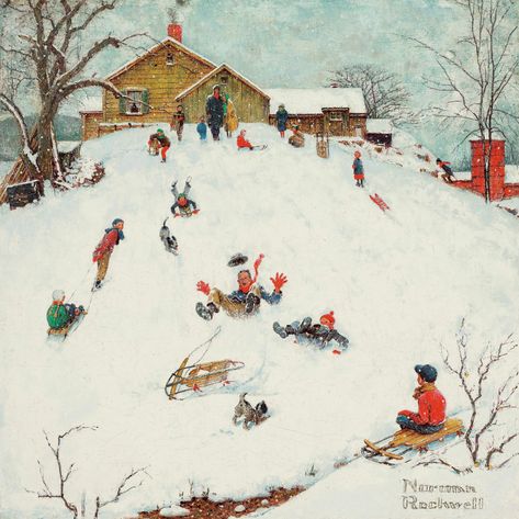 Norman Rockwell (1894-1978) | Landscapes: Sledding | 1950s, Paintings | Christie's Norman Rockwell Christmas, Norman Rockwell Art, Rockwell Paintings, Norman Rockwell Paintings, Spring Illustration, Winter Illustration, Red Lion, Norman Rockwell, Christmas Paintings