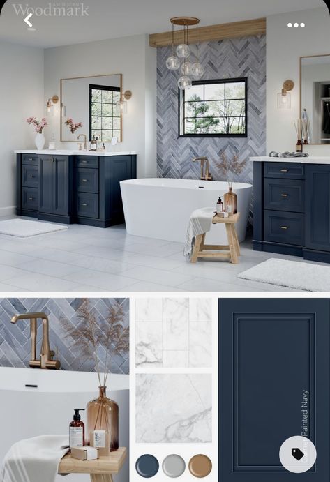 Master Bath Navy Cabinets, Indigo Bathroom Vanity, Dark Blue Bathroom Cabinets Vanities, Blue Tile Behind Vanity, Blue And Amber Bathroom, Bathroom Navy Blue Cabinets, Master Bath Remodel Navy Vanity, Harbor Blue Bathroom Vanity, Navy Silver Bathroom